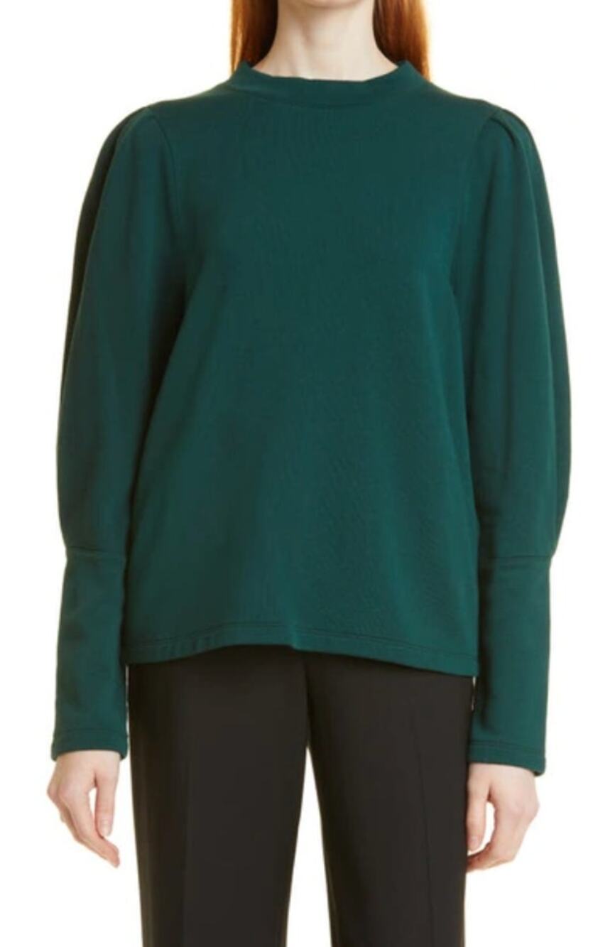 Rebecca Taylor Emerald Green Puff Sleeve Cotton Terry Knit Long Sleeve Top L